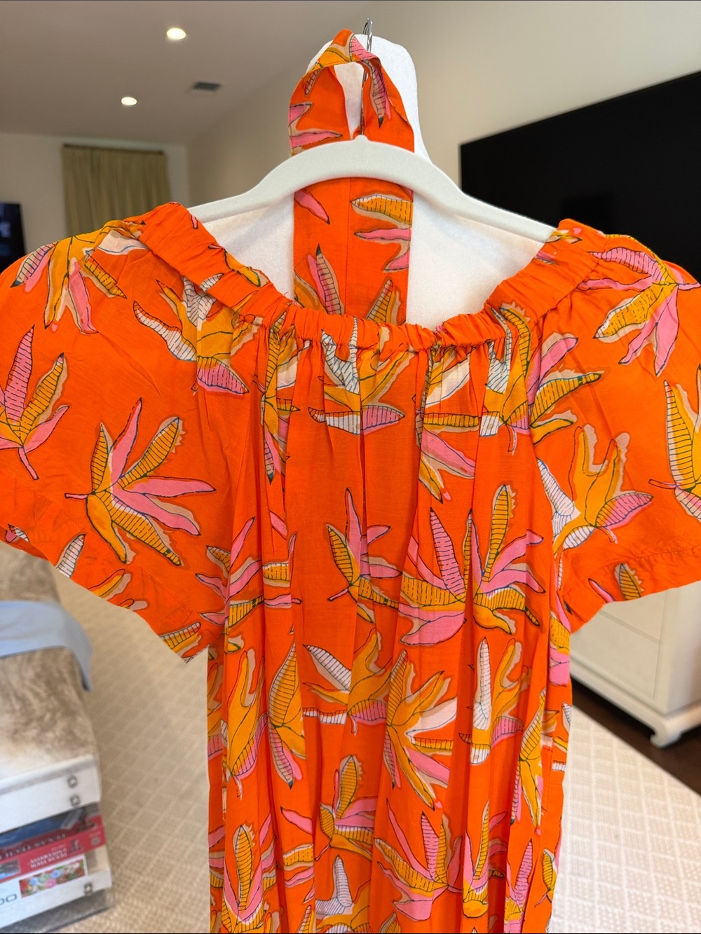 Oliphant- Women’s Orange Off The Shoulder Tropical Print MIDI Dress- Size: Small - Picture 7 of 9